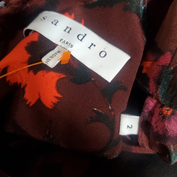 Sandro Women's Size 2 Sofia Floral Burgundy Dress Bell Sleeve 100% Silk - Picture 3 of 5